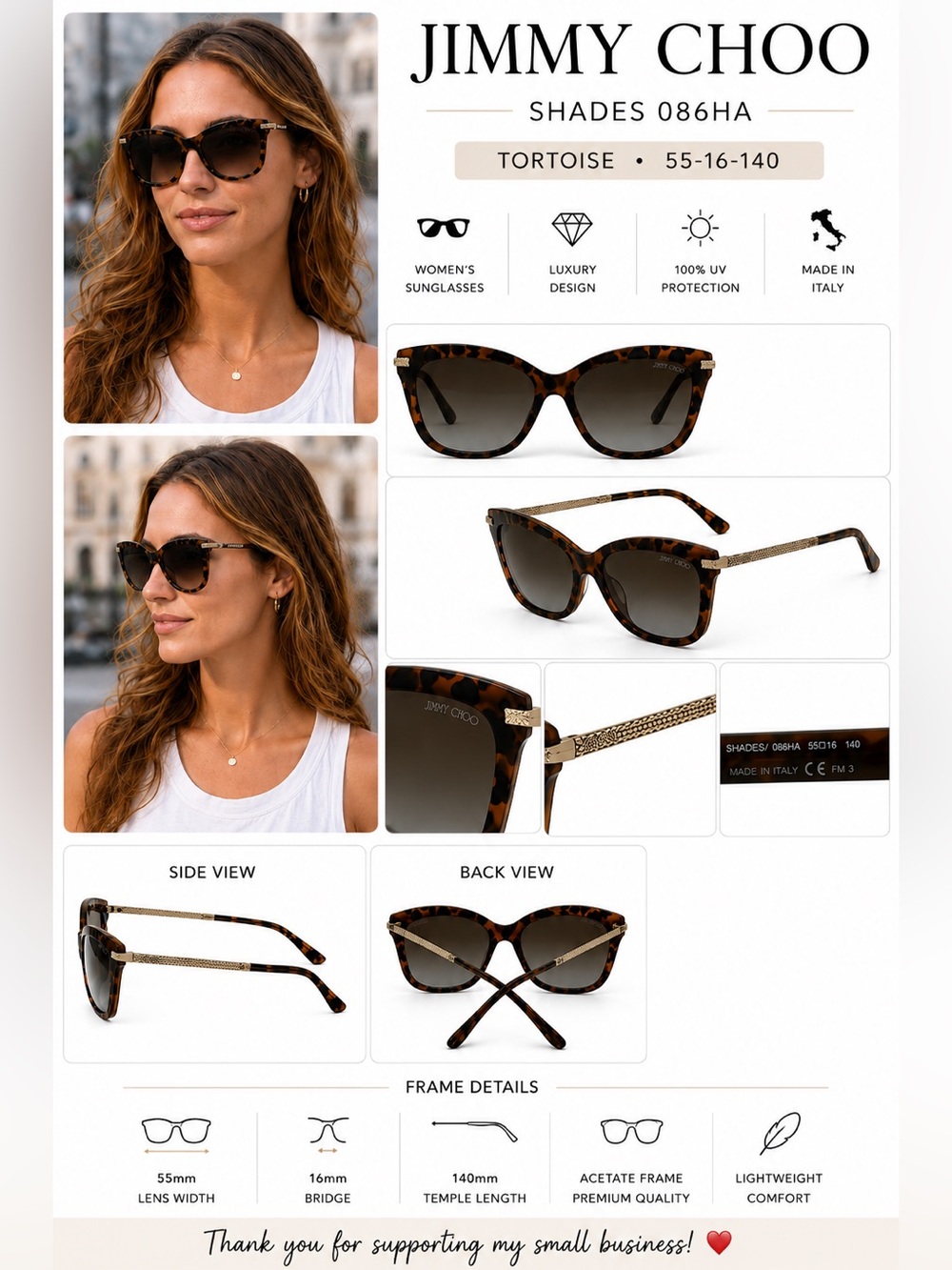 Jimmy Choo Shades 086HA Tortoise Cat Eye Sunglasses Women's 55-16-140